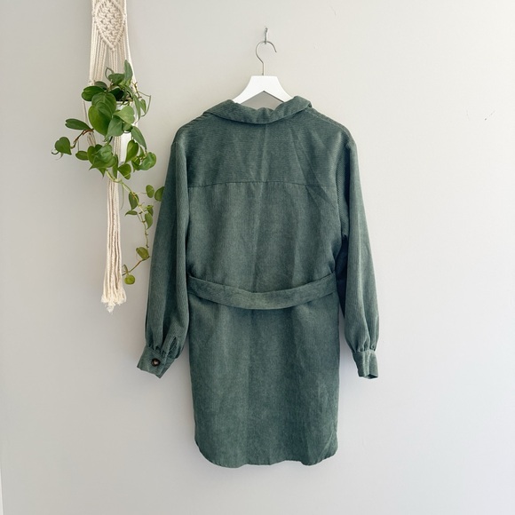 Vintage Style Corduroy Lantern Sleeve Button Down Mini Shirt Dress w/Belt - Picture 4 of 4